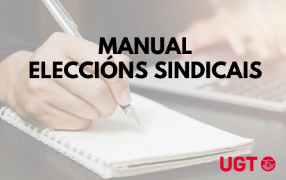 Cartaz Manual Eleccións Sindicais. Imaxe das mans dunha persoa cunha libreta e un portatil