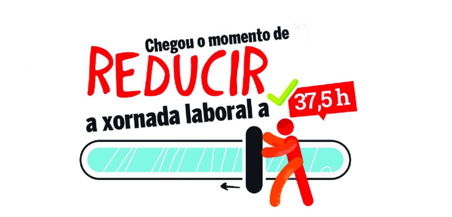 Texto: Chegou o momento de reducir a xornada laboral a 37.5h. Imaxe: franxa azul que simboliza a xornada laboral, e unha persoa movendo a franxa.