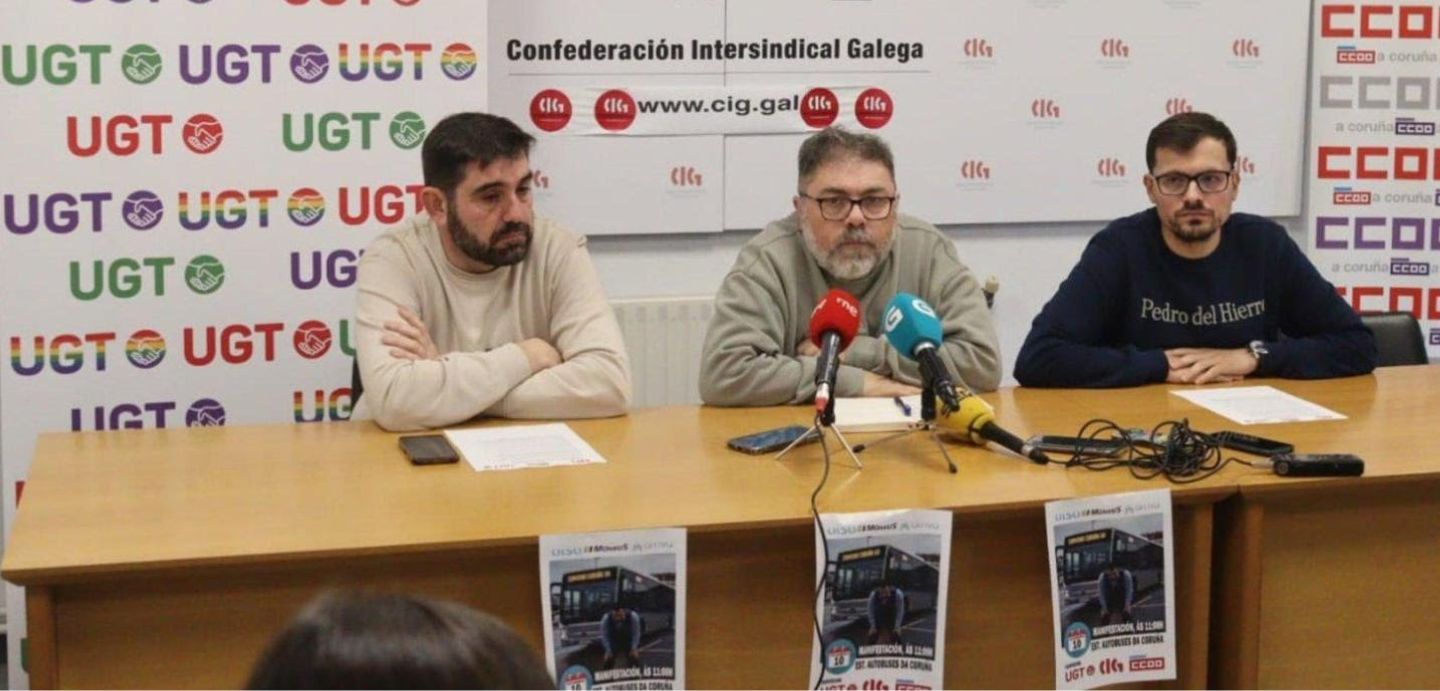 Imaxe durante a rolda de prensa. Na imaxe están presentes os representantes das tres centrais sindicais: UGT, CIG e CCOO.